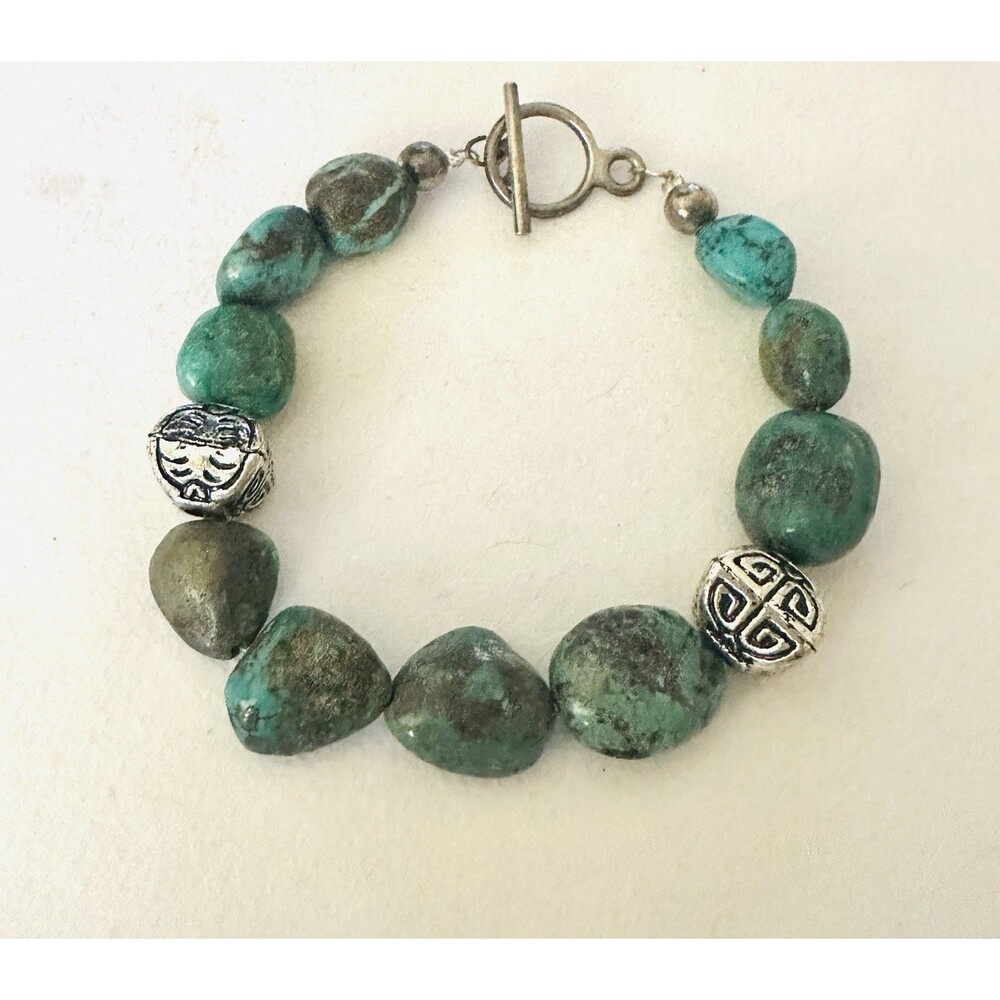 Handmade Turquoise Nugget Bead Bracelet Silver Tone Accent Beads Toggle Clasp